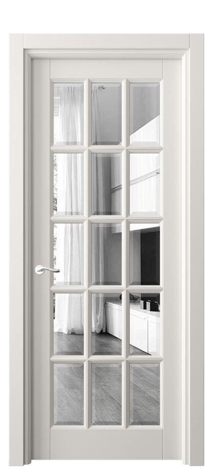 Межкомнатная дверь Лигнум 0708 Матовый пудровый белый Двустороннее зеркало с фацетом, триплекс Цена 124599 ₽ | Volhovec