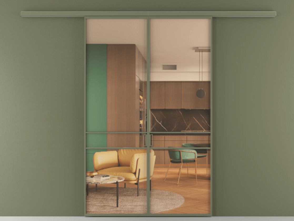 Перегородка Formato вдоль стены 2 створки АЛПР 040.02 Алюминий оливковый тёмный Прозрачное оранжевое стекло, триплекс Цена 202960 ₽ | Volhovec