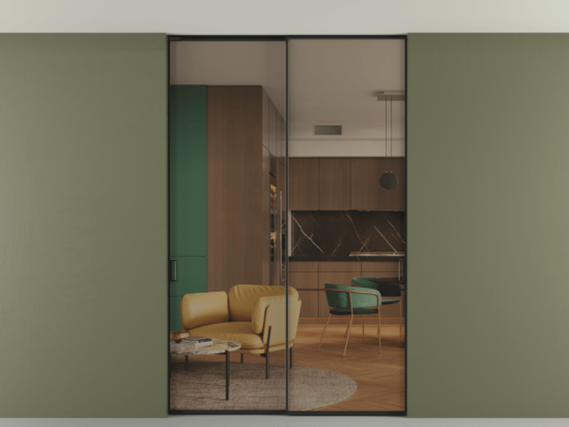 Перегородка Formato внутри проёма скрытое крепление в потолок 2 створки АЛПР 040.01 Алюминий Черный Прозрачное бронзовое стекло, триплекс Цена 233695 ₽ | Volhovec