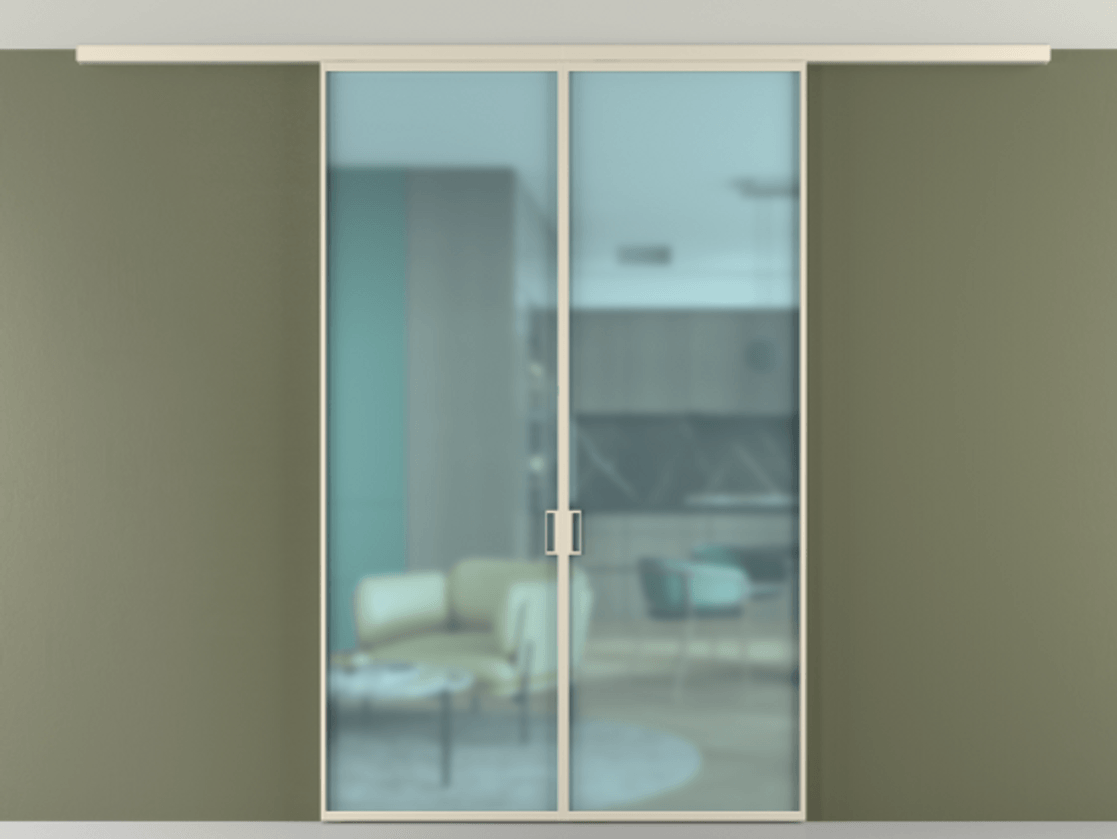 Перегородка Formato вдоль стены на потолок 2 створки АЛПР 040.01 Алюминий бежево-серый Сатинированное голубое стекло, триплекс Цена 216040 ₽ | Volhovec