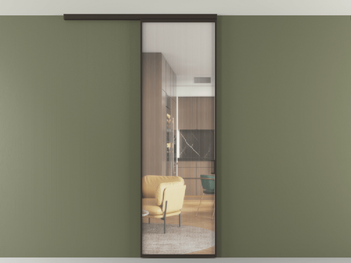 Перегородка Formato вдоль стены на потолок 1 створка АЛПР 040.01 Алюминий антрацит Рифлёное стекло "Moru", триплекс Цена 98403 ₽ | Volhovec