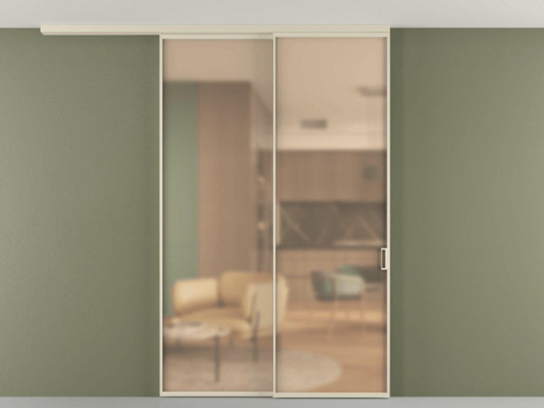 Перегородка Formato вдоль стены на потолок 2 створки с синхронным механизмом АЛПР 040.01 Алюминий бежево-серый Сатинированное оранжевое стекло, триплекс Цена 299140 ₽ | Volhovec