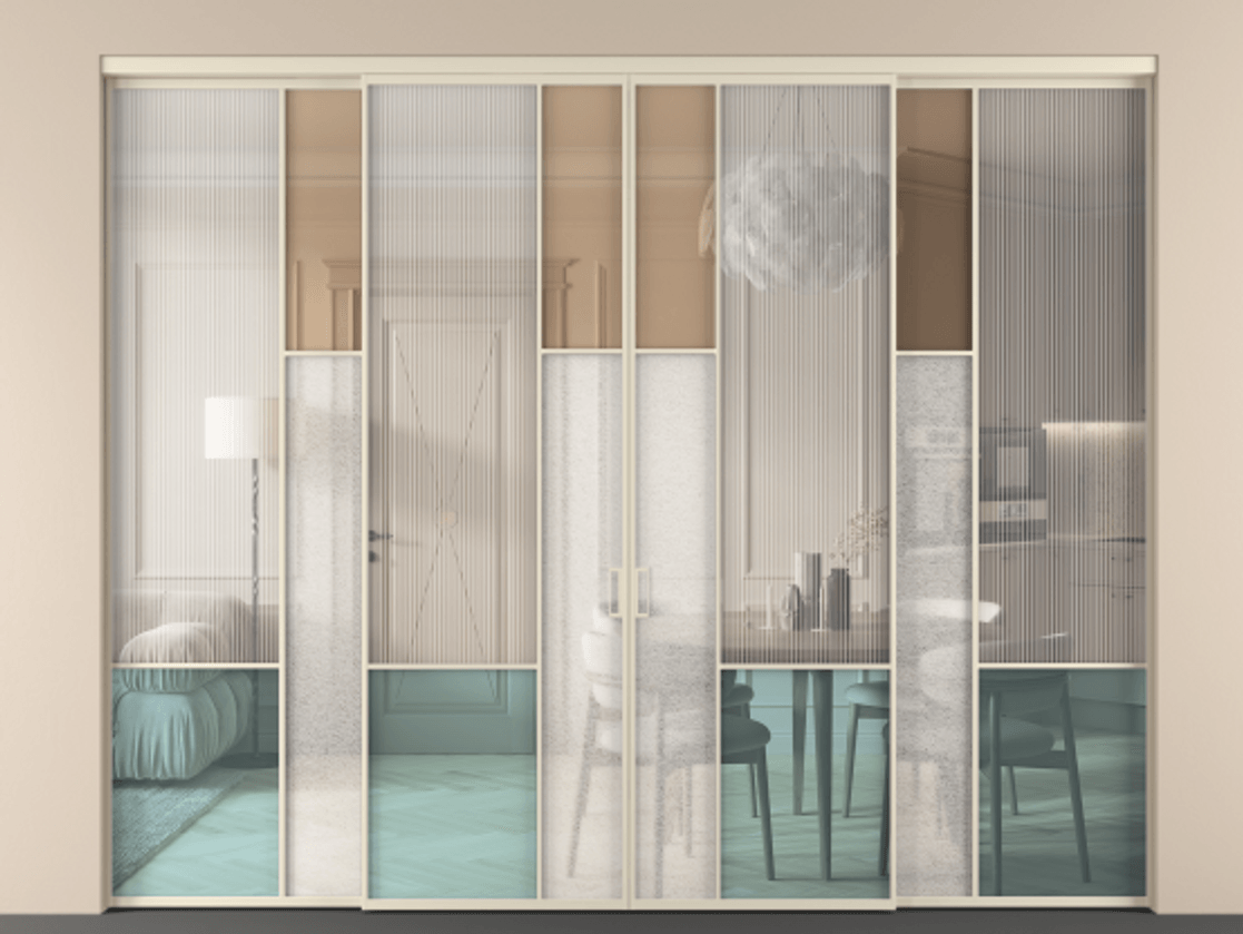 Перегородка Mosaic внутри проёма 4 створки АЛПР 041.13 Алюминий бежево-серый Комбинация стекол Группы 1 и Группы 3 Цена 484920 ₽ | Volhovec