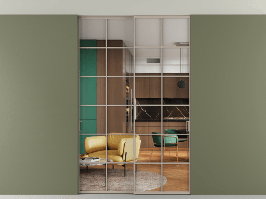 Перегородка Формато внутри проёма скрытое крепление в потолок 2 створки АЛПР 040.05 Алюминий бисквитный Прозрачное стекло "Кристал Вижн", калёное Цена 322680 ₽ | Volhovec