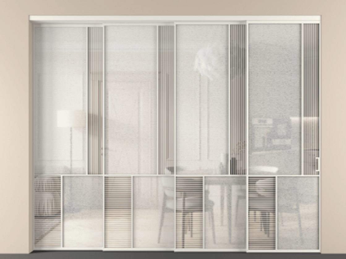 Перегородка Мозаик внутри проёма 4 створки с синхронным механизмом АЛПР 041.21 Алюминий Белый Рифлёное стекло "Дюна", триплекс, 6 мм + Фактурное стекло "Лёд", триплекс Цена 592060 ₽ | Volhovec