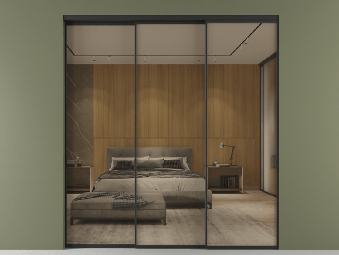 Перегородка Formato внутри проёма телескопик синхро 2 АЛПР 040.01 Алюминий Черный Рефлективное бронзовое стекло "Stopsol", калёное Цена 536540 сом  | Volhovec