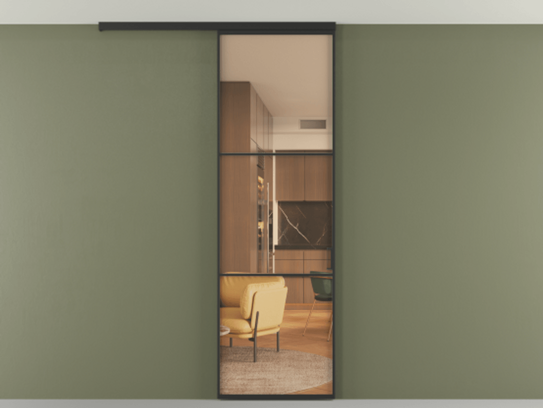 Перегородка Формато вдоль стены на потолок 1 створка АЛПР 040.03 Алюминий Черный Прозрачное оранжевое стекло, триплекс Цена 97120 ₽ | Volhovec