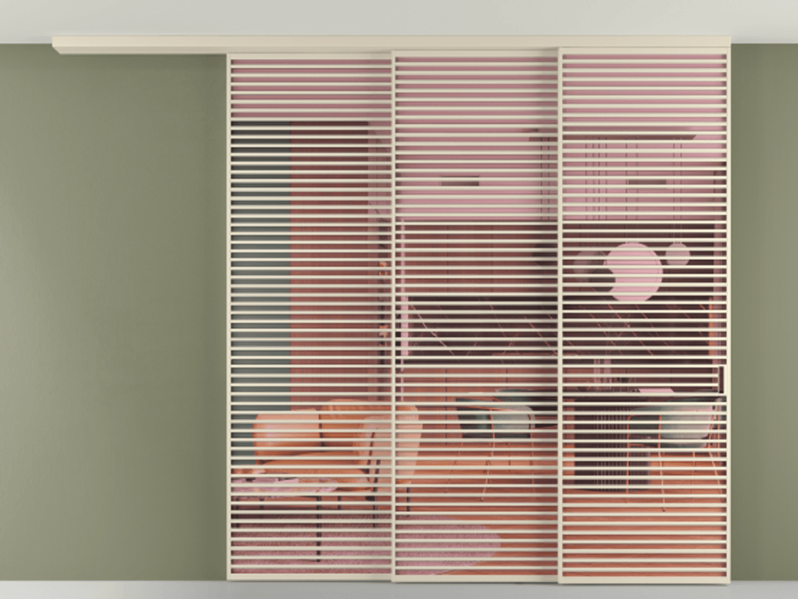 Перегородка Formato вдоль стены на потолок 3 створки с синхронным механизмом АЛПР 040.07 Алюминий бежево-серый Прозрачное розовое стекло, триплекс Цена 846260 ₽ | Volhovec