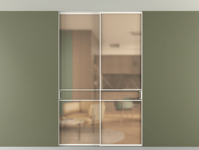 Алюминевая перегородка vn2_02 Алюминий пудровый белый Сатинированное оранжевое стекло, триплекс, 6мм. Цвет Алюминий пудровый белый. Материал Алюминий в эмали. Коллекция Перегородка Formato внутри проёма двустворчатая со скрытым креплением в потолок. Картинка.