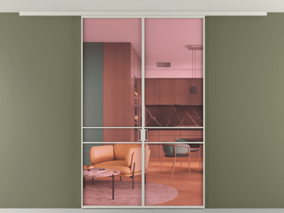 Алюминевая перегородка vd2_02 Алюминий тёплый серый Прозрачное розовое стекло, триплекс, 6мм. Цвет Алюминий тёплый серый. Материал Алюминий в эмали. Коллекция Перегородка Formato вдоль стены на потолок двустворчатая. Картинка.