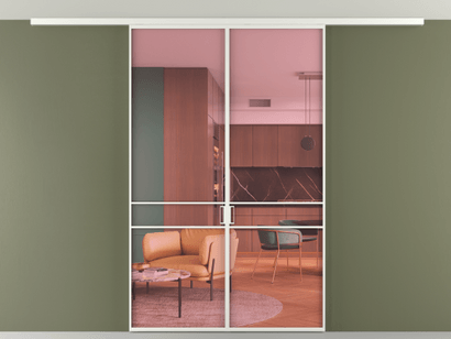 Алюминевая перегородка vd2_02 Алюминий светло-серый Прозрачное розовое стекло, триплекс, 6мм. Цвет Алюминий светло-серый. Материал Алюминий в эмали. Коллекция Перегородка Formato вдоль стены на потолок двустворчатая. Картинка.