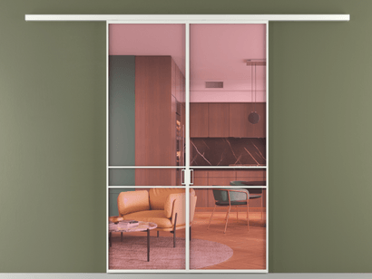 Алюминевая перегородка vd2_02_ Алюминий светло-серый Прозрачное розовое стекло, триплекс, 6мм. Цвет Алюминий светло-серый. Материал Алюминий в эмали. Коллекция Перегородка Formato вдоль стены двустворчатая. Картинка.