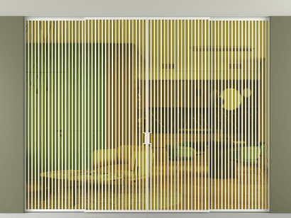 Алюминевая перегородка vn2+2_06_ Алюминий светло-серый Прозрачное жёлтое стекло, триплекс, 6мм. Цвет Алюминий светло-серый. Материал Алюминий в эмали. Коллекция Перегородка Formato внутри проёма четырёхстворчатая со скрытым креплением в потолок. Картинка.
