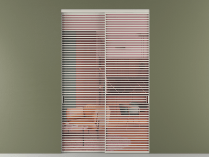 Алюминевая перегородка vn2_07_ Алюминий тёплый серый Прозрачное розовое стекло, триплекс, 6мм. Цвет Алюминий тёплый серый. Материал Алюминий в эмали. Коллекция Перегородка Formato внутри проёма двустворчатая. Картинка.