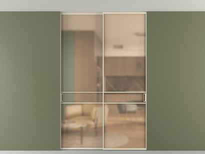 Алюминевая перегородка vn2_02 Алюминий бежево-серый Сатинированное оранжевое стекло, триплекс, 6мм. Цвет Алюминий бежево-серый. Материал Алюминий в эмали. Коллекция Перегородка Formato внутри проёма двустворчатая со скрытым креплением в потолок. Картинка.