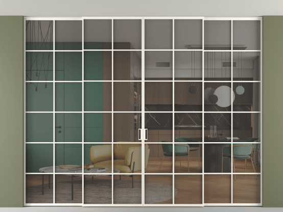 Алюминевая перегородка vn2+2_05 Алюминий пудровый белый Серый прозрачное. Цвет Алюминий пудровый белый. Материал Алюминий в эмали. Коллекция Перегородка Формато внутри проёма скрытое крепление в потолок 4 створки. Картинка.