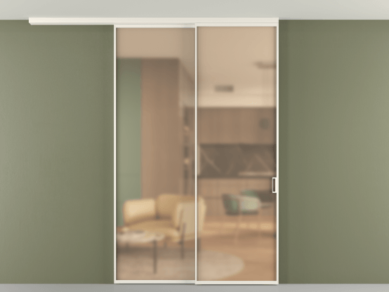 Алюминевая перегородка pv2_2_01_ Алюминий пудровый белый Сатинированное оранжевое стекло, триплекс, 6мм. Цвет Алюминий пудровый белый. Материал Алюминий в эмали. Коллекция Перегородка Formato вдоль стены на потолок 2 створки с синхронным механизмом. Картинка.