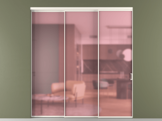 Алюминевая перегородка vn3_01_ Алюминий пудровый белый Сатинированное розовое стекло, триплекс, 6мм. Цвет Алюминий пудровый белый. Материал Алюминий в эмали. Коллекция Перегородка Formato внутри проёма 3 створки с синхронным механизмом. Картинка.