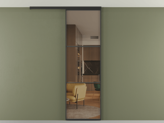 Алюминевая перегородка pv1_03 Бронза прозрачное ЧЕР. Цвет Алюминий Черный. Материал Алюминий. Коллекция Перегородка Формато вдоль стены на потолок 1 створка. Картинка.