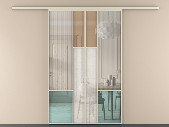 Алюминевая перегородка vd2_8 Алюминий бежево-серый Четыре стекла. Цвет Алюминий бежево-серый. Материал Алюминий в эмали. Коллекция Перегородка Mosaic вдоль стены 2 створки. Картинка.