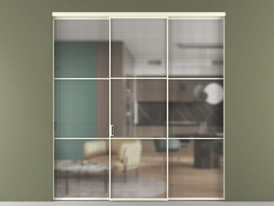 Алюминевая перегородка АЛПР 040.03_АМБ_MS_new. Цвет Алюминий молочно-белый. Материал Алюминий в эмали. Коллекция Перегородка Formato внутри проёма 3 створки. Картинка.