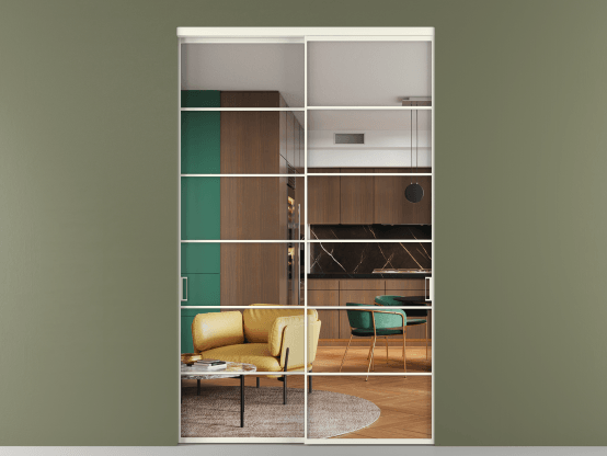 Алюминевая перегородка АЛПР 040.04_АЖМ_Crystalvision_new. Цвет Алюминий жемчужный. Материал Алюминий в эмали. Коллекция Перегородка Формато внутри проёма 2 створки. Картинка.