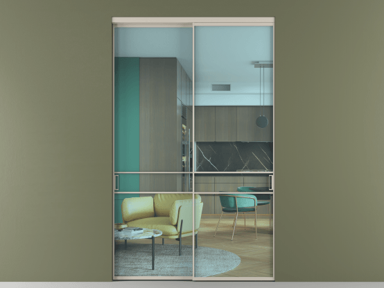 Алюминевая перегородка АЛПР 040.02_АСБЖ_ПРОЗ ГОЛ_new. Цвет Алюминий светло-бежевый. Материал Алюминий в эмали. Коллекция Перегородка Formato внутри проёма 2 створки. Картинка.