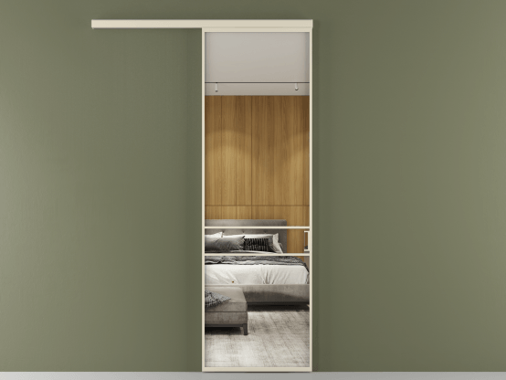 Алюминевая перегородка vd1_02_ Алюминий бежево-серый Двустороннее зеркало. Цвет Алюминий бежево-серый. Материал Алюминий в эмали. Коллекция Перегородка Формато вдоль стены 1 створка. Картинка.