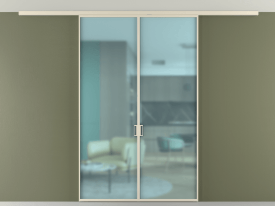 Алюминевая перегородка vd2_01 Алюминий бежево-серый Сатинированное голубое стекло, триплекс, 6мм. Цвет Алюминий бежево-серый. Материал Алюминий в эмали. Коллекция Перегородка Formato вдоль стены на потолок 2 створки. Картинка.