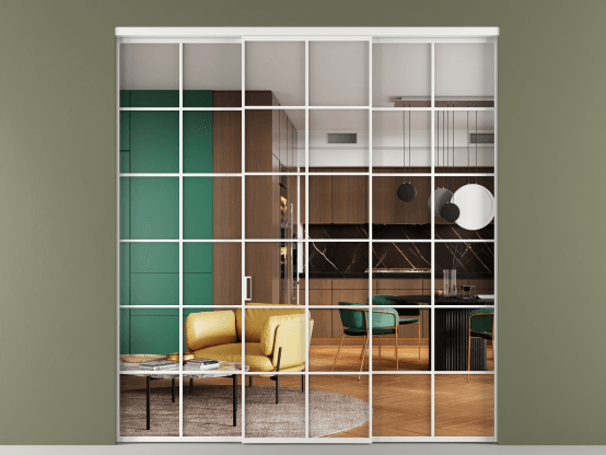 Алюминевая перегородка АЛПР 040.05_АБЛ_Crystalvision_new. Цвет Алюминий белоснежный. Материал Алюминий в эмали. Коллекция Перегородка Формато внутри проёма 3 створки. Картинка.