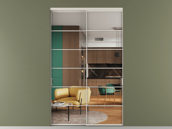 Алюминевая перегородка АЛПР 040.04_АОС_Crystalvision_new. Цвет Алюминий облачно-серый. Материал Алюминий в эмали. Коллекция Перегородка Формато внутри проёма 2 створки. Картинка.