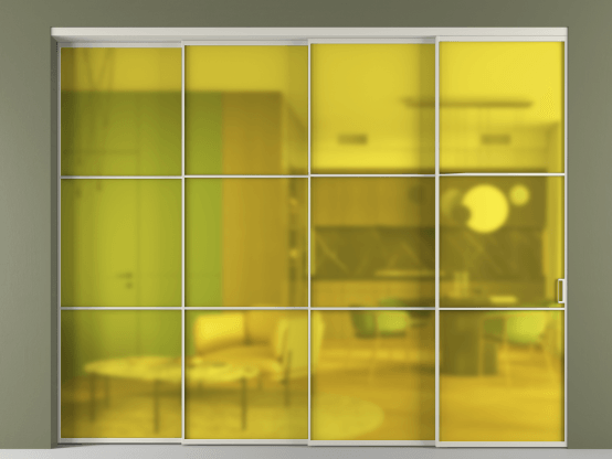 Алюминевая перегородка vn4_03_ Алюминий тёплый серый Сатинированное жёлтое стекло, триплекс, 6мм. Цвет Алюминий тёплый серый. Материал Алюминий в эмали. Коллекция Перегородка Formato внутри проёма 4 створки с синхронным механизмом. Картинка.