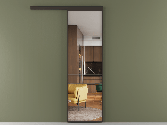 Алюминевая перегородка АЛПР 040.02_ААН_Crystalvision_new. Цвет Алюминий антрацит. Материал Алюминий в эмали. Коллекция Перегородка Формато вдоль стены 1 створка. Картинка.