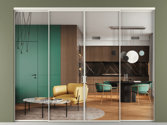 Алюминевая перегородка vn2+2_01 Crystalvision БЕЛ. Цвет Алюминий Белый. Материал Алюминий. Коллекция New Перегородка Formato внутри проёма 4 створки. Картинка.