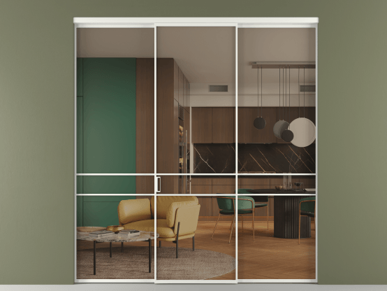 Алюминевая перегородка vn1+2_02_ Алюминий светло-серый Бронза прозрачное. Цвет Алюминий светло-серый. Материал Алюминий в эмали. Коллекция Перегородка Формато внутри проёма 3 створки. Картинка.