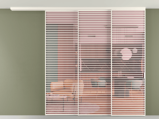 Алюминевая перегородка pv3_07_ Алюминий пудровый белый Прозрачное розовое стекло, триплекс, 6мм. Цвет Алюминий пудровый белый. Материал Алюминий в эмали. Коллекция Перегородка Formato вдоль стены на потолок 3 створки с синхронным механизмом. Картинка.