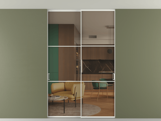 Алюминевая перегородка vn2_03 Алюминий светло-серый Бронза прозрачное. Цвет Алюминий светло-серый. Материал Алюминий в эмали. Коллекция Перегородка Формато внутри проёма скрытое крепление в потолок 2 створки. Картинка.