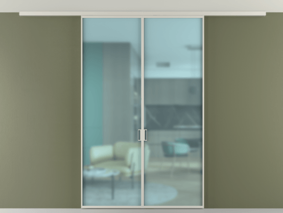 Алюминевая перегородка vd2_01 Алюминий тёплый серый Сатинированное голубое стекло, триплекс, 6мм. Цвет Алюминий тёплый серый. Материал Алюминий в эмали. Коллекция Перегородка Formato вдоль стены на потолок 2 створки. Картинка.