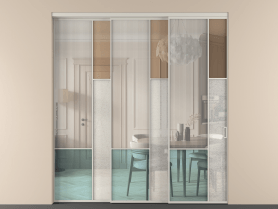 Алюминевая перегородка vnt3_8 Алюминий тёплый серый Четыре стекла. Цвет Алюминий тёплый серый. Материал Алюминий в эмали. Коллекция Перегородка Mosaic внутри проёма 3 створки с синхронным механизмом. Картинка.