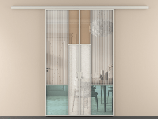 Алюминевая перегородка vd2_8 Алюминий тёплый серый Четыре стекла. Цвет Алюминий тёплый серый. Материал Алюминий в эмали. Коллекция Перегородка Mosaic вдоль стены 2 створки. Картинка.