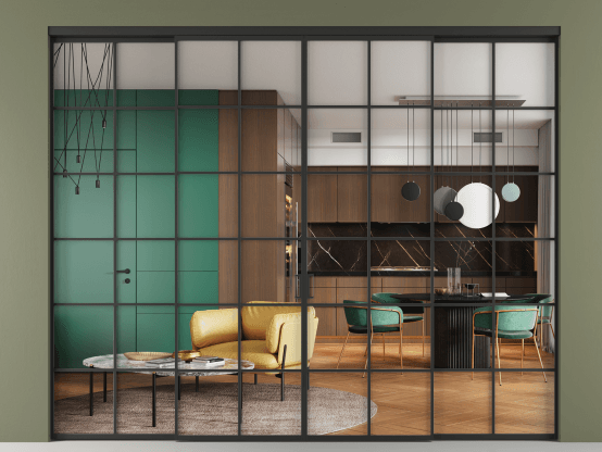 Алюминевая перегородка vn2+2_05 Crystalvision ЧЕР. Цвет Алюминий Черный. Материал Алюминий. Коллекция Перегородка Формато внутри проёма 4 створки. Картинка.