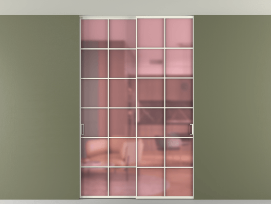 Алюминевая перегородка АЛПР 040.05_АЖМ_САТ РОЗ_new. Цвет Алюминий жемчужный. Материал Алюминий в эмали. Коллекция Перегородка Formato внутри проёма скрытое крепление в потолок 2 створки. Картинка.