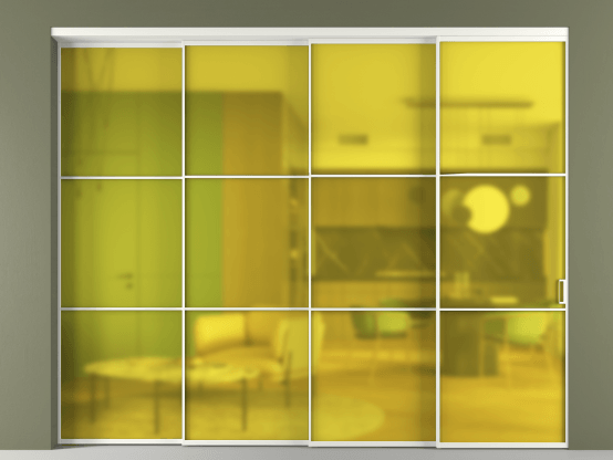 Алюминевая перегородка vn4_03_ Алюминий светло-серый Сатинированное жёлтое стекло, триплекс, 6мм. Цвет Алюминий светло-серый. Материал Алюминий в эмали. Коллекция Перегородка Formato внутри проёма 4 створки с синхронным механизмом. Картинка.