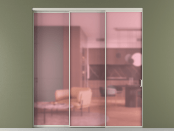 Алюминевая перегородка vn3_01_ Алюминий тёплый серый Сатинированное розовое стекло, триплекс, 6мм. Цвет Алюминий тёплый серый. Материал Алюминий в эмали. Коллекция Перегородка Formato внутри проёма 3 створки с синхронным механизмом. Картинка.
