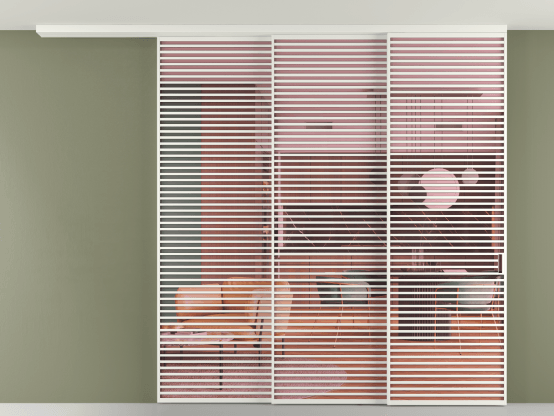 Алюминевая перегородка pv3_07_ Алюминий светло-серый Прозрачное розовое стекло, триплекс, 6мм. Цвет Алюминий светло-серый. Материал Алюминий в эмали. Коллекция Перегородка Formato вдоль стены на потолок 3 створки с синхронным механизмом. Картинка.