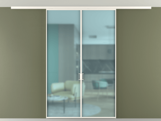 Алюминевая перегородка vd2_01 Алюминий пудровый белый Сатинированное голубое стекло, триплекс, 6мм. Цвет Алюминий пудровый белый. Материал Алюминий в эмали. Коллекция Перегородка Formato вдоль стены на потолок 2 створки. Картинка.