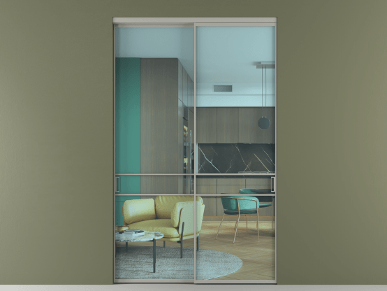 Алюминевая перегородка АЛПР 040.02_АНСР_ПРОЗ ГОЛ_new. Цвет Алюминий нейтральный серый. Материал Алюминий в эмали. Коллекция Перегородка Formato внутри проёма 2 створки. Картинка.