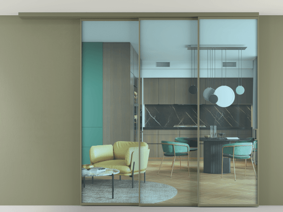 Алюминевая перегородка АЛПР 040.01_АОТ_ПРОЗ ГОЛ_new. Цвет Алюминий оливковый тёмный. Материал Алюминий в эмали. Коллекция Перегородка Формато вдоль стены на потолок 3 створки с синхронным механизмом. Картинка.