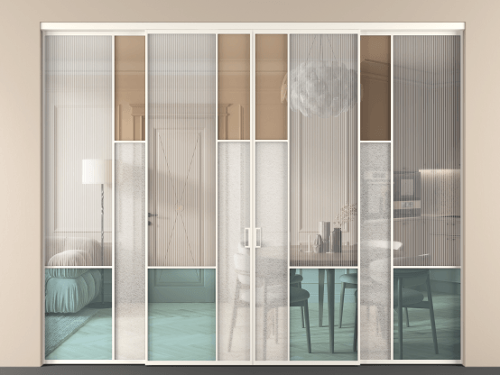 Алюминевая перегородка vnt4_8 Алюминий пудровый белый Четыре стекла. Цвет Алюминий пудровый белый. Материал Алюминий в эмали. Коллекция Перегородка Mosaic внутри проёма 4 створки. Картинка.