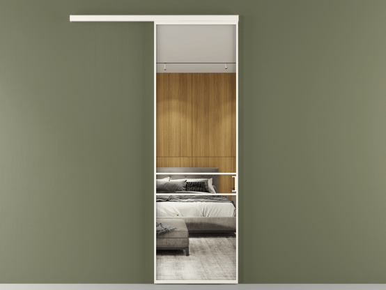 Алюминевая перегородка vd1_02_ Алюминий пудровый белый Двустороннее зеркало. Цвет Алюминий пудровый белый. Материал Алюминий в эмали. Коллекция Перегородка Формато вдоль стены 1 створка. Картинка.